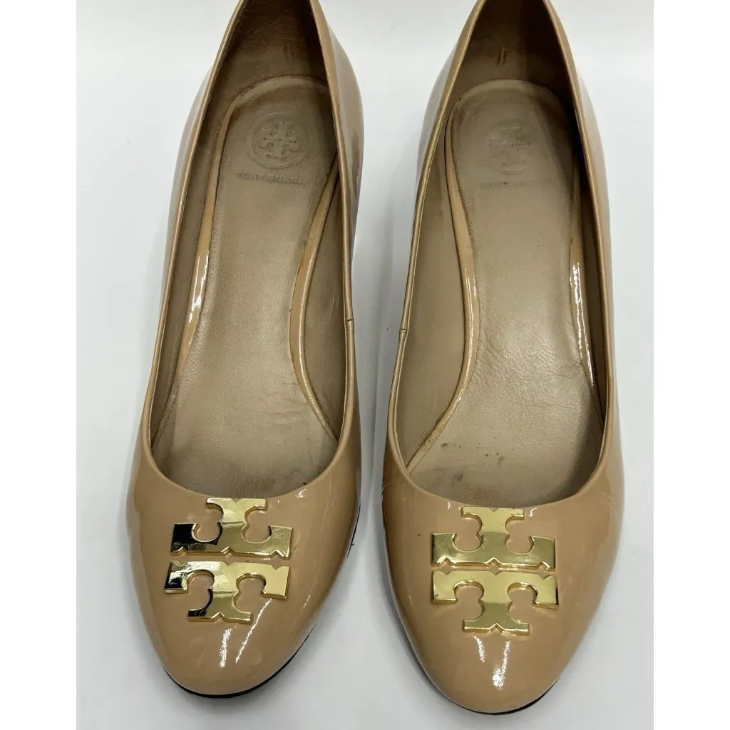 Tory Burch Raleigh Patent Leather Pump Block Heel Nude Size 9M - Image 2