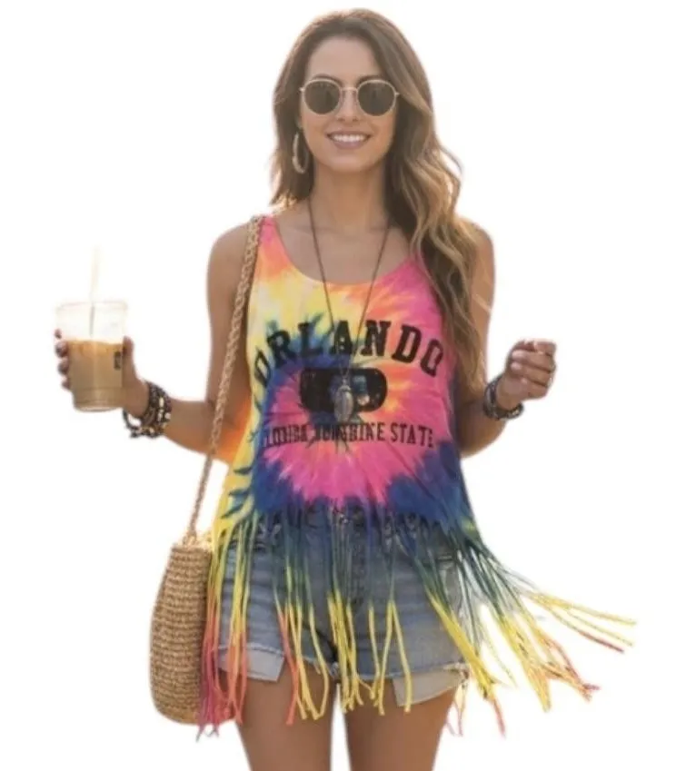 Beach By Exist Tank Top Womens Medium Multicolor Orlando Florida Fringe Tie Dye - Image 1