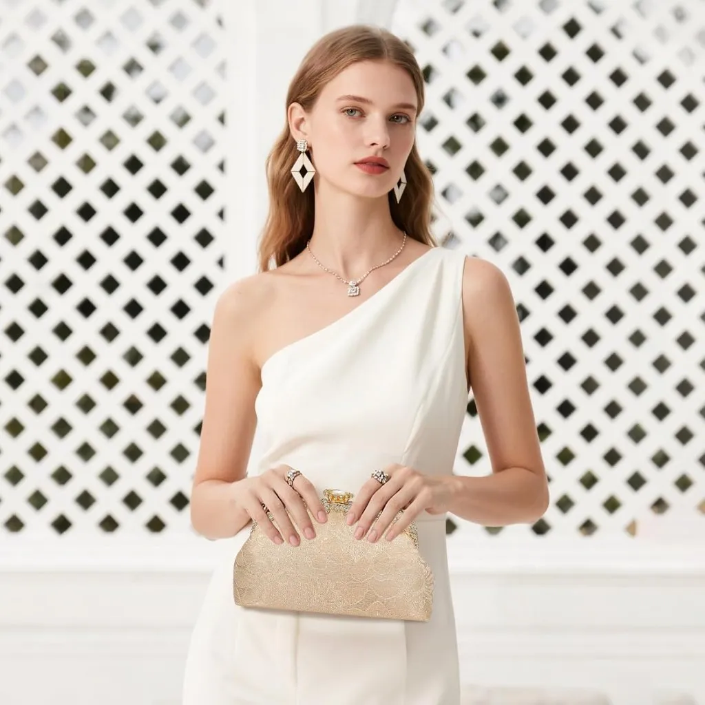 ⚡ Women's Gold Fabric Lace Pearl Chain Rhinestones Shoulder Clutch Bag - Image 3