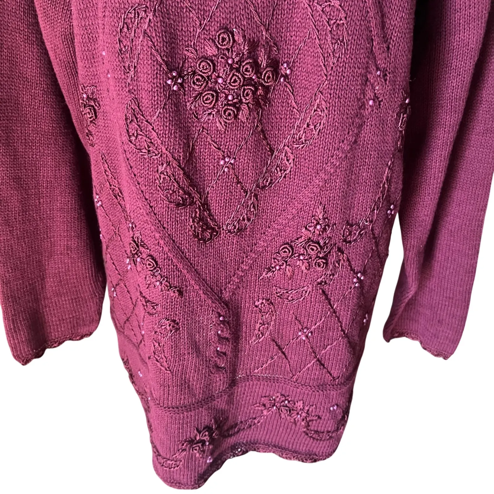 Vtg Selleca Women's Medium Beaded Embellished Knit Sweater Burgundy Grandmacore Red - Image 4