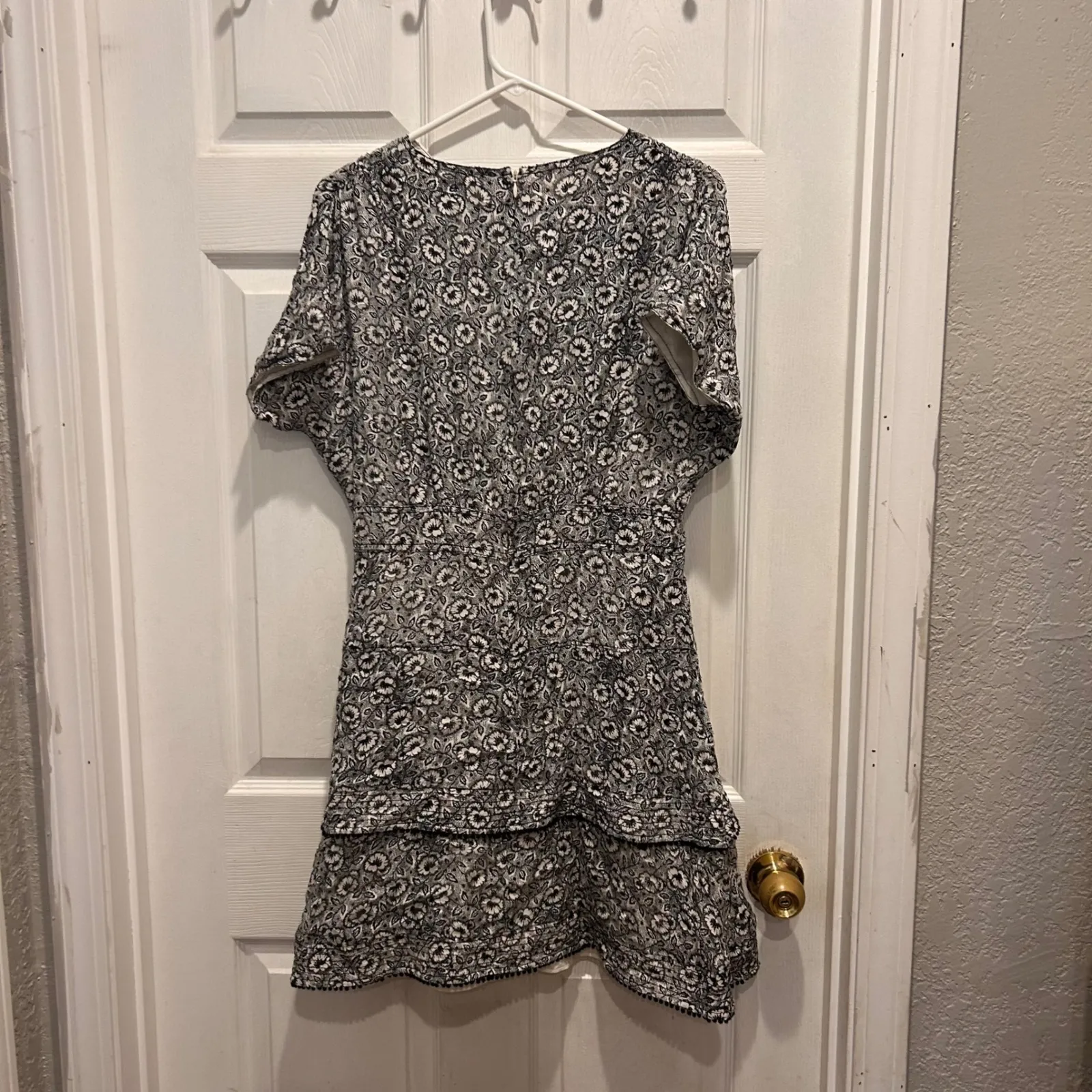 Derek Lam 10‎ Crosby Dress Size 12 Floral Print Tiered Short Sleeve Lined Silk Black - Image 7