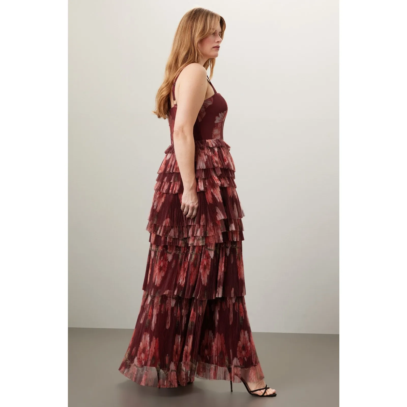 Hutch Nalina Wine Red Floral Tiered Sleeveless Formal Maxi Dress 14 - Image 2