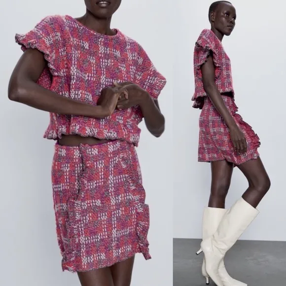 Zara RUFFLED KNIT TWEED  Mini Skirt Sweater Detail Multi Color Size S NEW - Image 2