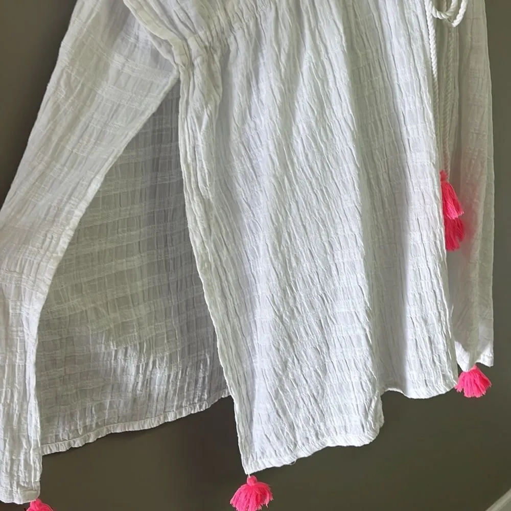 aerie White Striped Oversized Drawstring Beach/Pool V-Neck Coverup w/ Slits-XS-S - Image 3