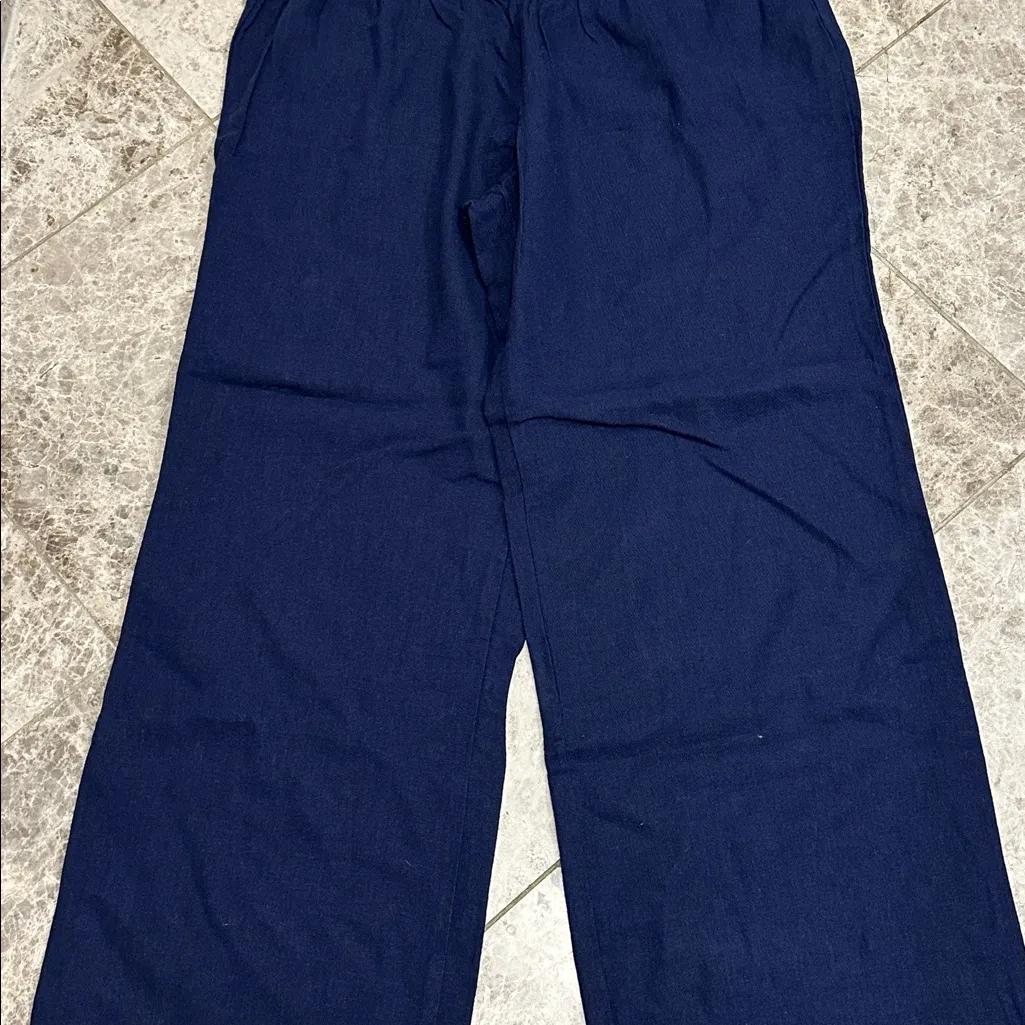 Old Navy Linen Blend Pull On Pants Wide Leg NEW Navy Large - Image 4