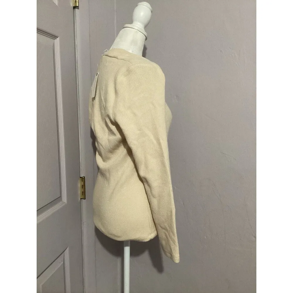 Anthropologie Square Neck Balloon Puff Sleeve Knit Sweater Cream M - Image 3