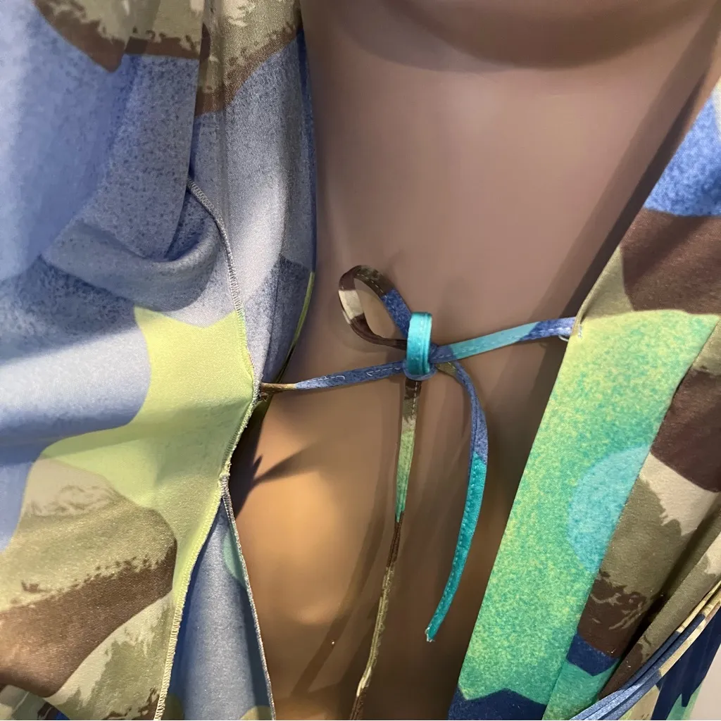 Vintage size 36 Sears kimono Qiana nylon Robe western horse moon mountain scene Blue - Image 5