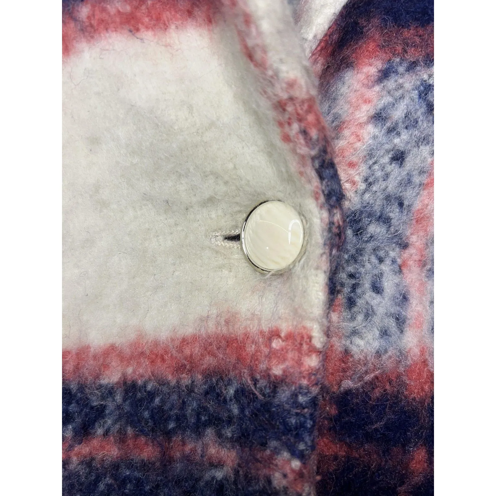 Glamorous Coat Womens Medium Pink Navy Cream Plaid Wool Blend Long Lined Boucle - Image 3