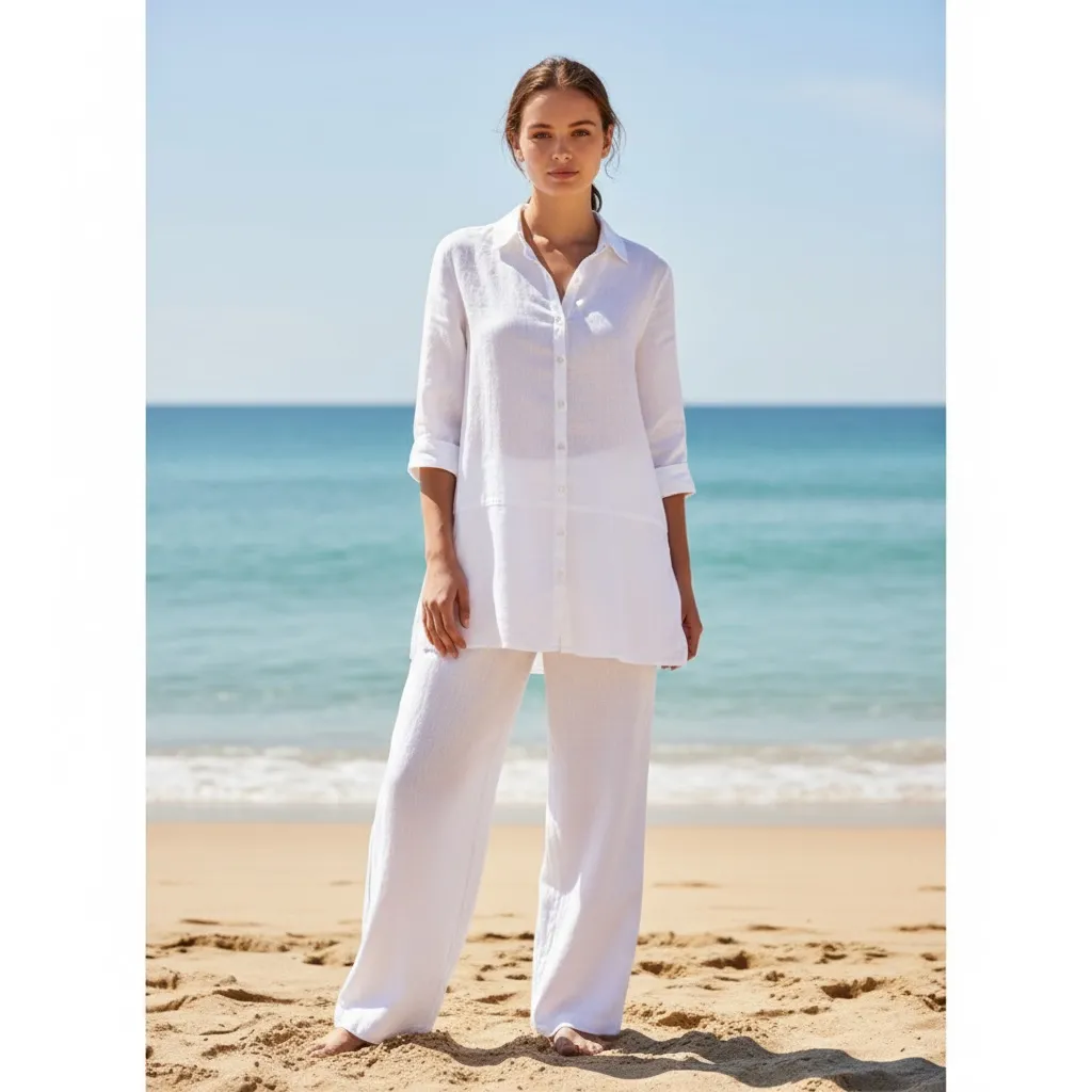 Tahari 100% Linen White Lagenlook Relaxed Tunic Button Down Shirt Sz L - Image 2