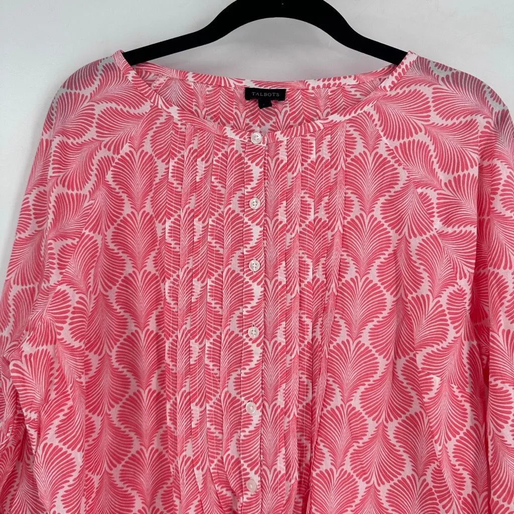 Talbots Women's‎ Button Up Pleated Coastal Pink Blouse Top Size L Cotton Beach - Image 4
