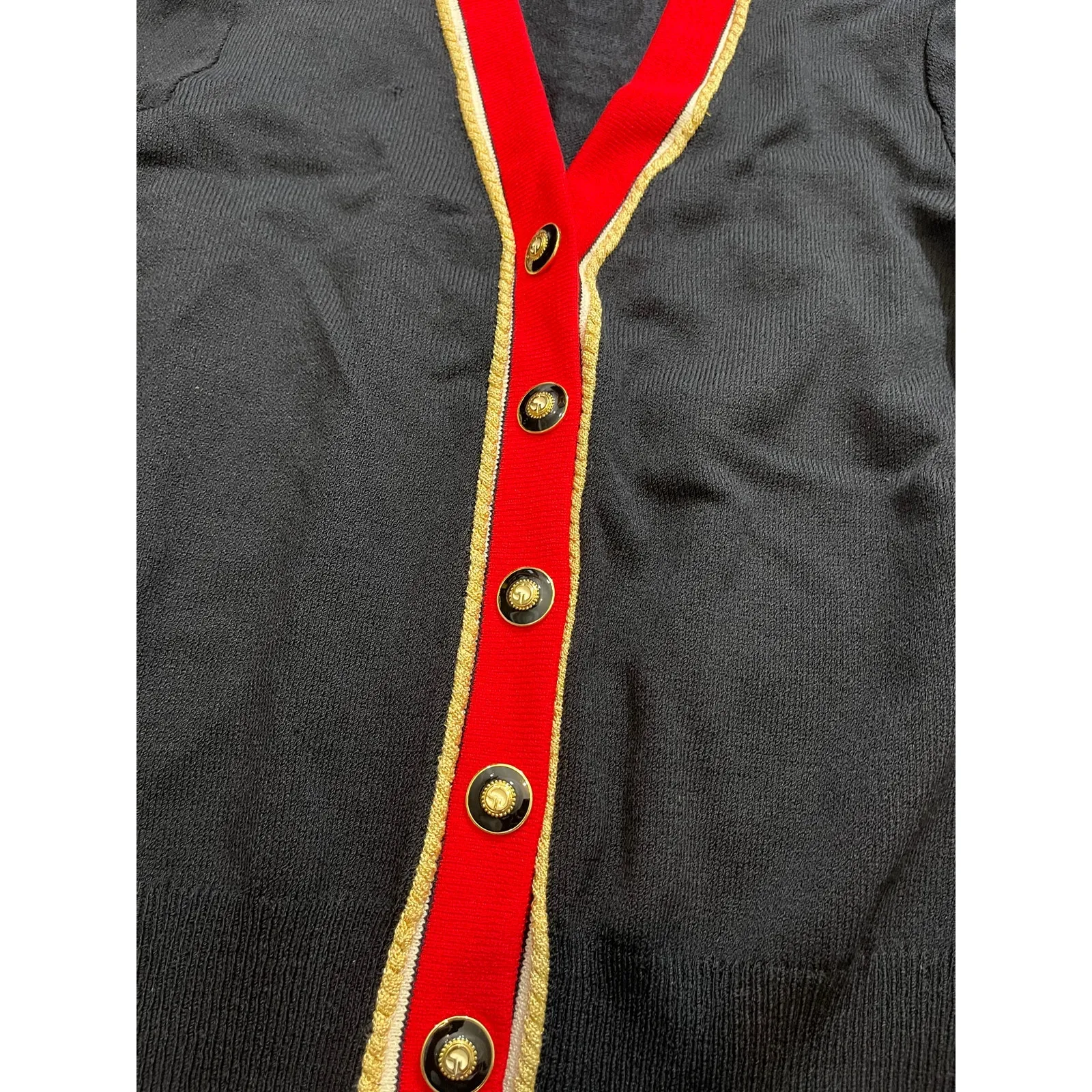 St. John Womens Black Sweater Blazer Cardigan Red Gold‎ Button Embroidered Med - Image 2