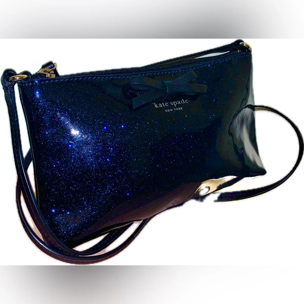 Kate Spade Glossy Deep Navy Blue Black Glitter Sparkly Crossbody Mini Bag Purse - Image 3