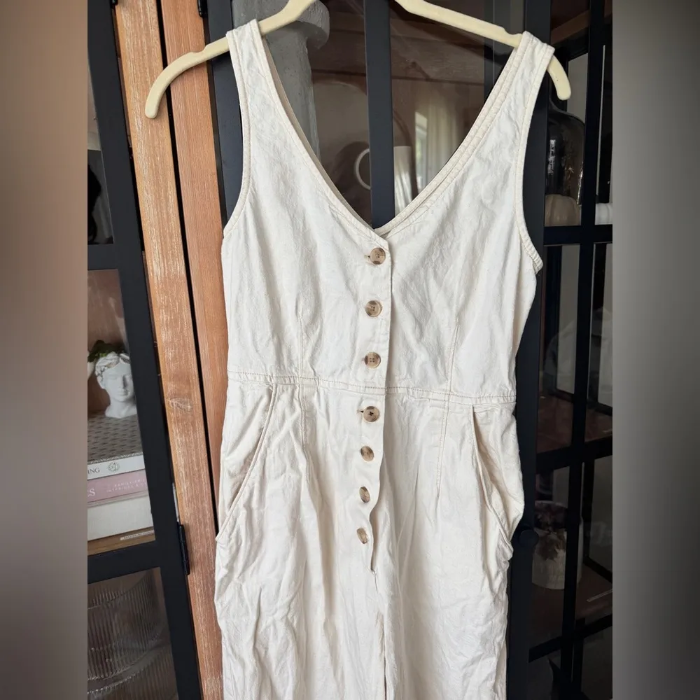 ASOS denim jumpsuit oatmeal wide leg straight beige lineny sleeveless pockets - Image 3