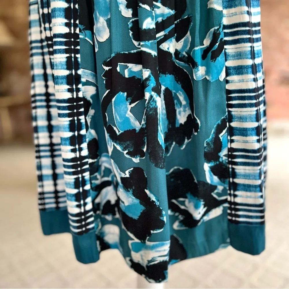 Adrianna Papell Dress Floral Pleated Fit and Flare Teal Blue Sleeveless Belt 4 - Image 7