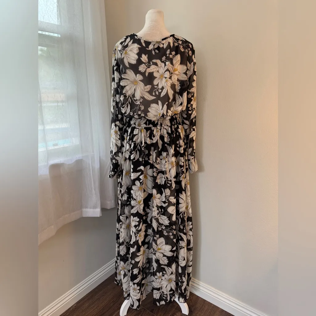 Kate and Lily Black, White & Yellow Floral Print Sheer Long Sleeve Maxi Dress Black Size 14 - Image 6