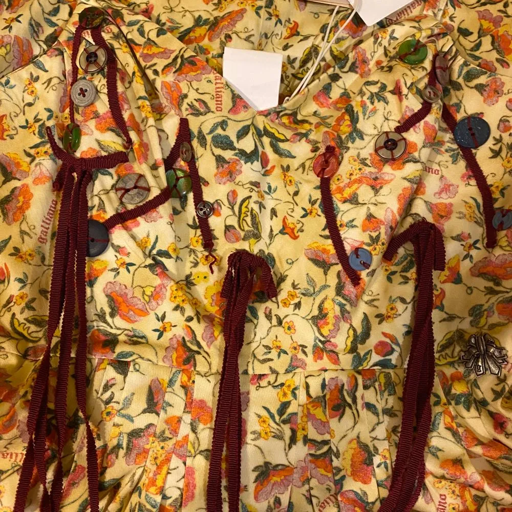 NWT $850  Vintage Yellow Floral Tasseled Dress 38 - Image 6