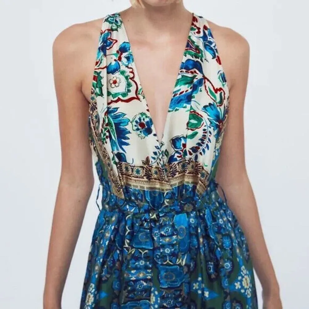 NEW Zara Size L Wide Leg Satin Jumpsuit Paisley Floral Sleeveless Mixed Print - Image 3