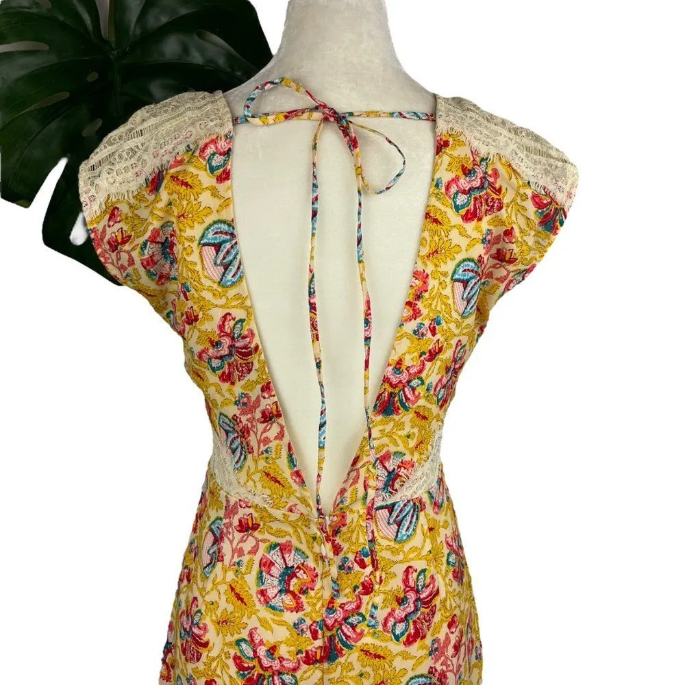 Ark & Co Antique Gold Floral Print Lace V-Back Romper - Image 4
