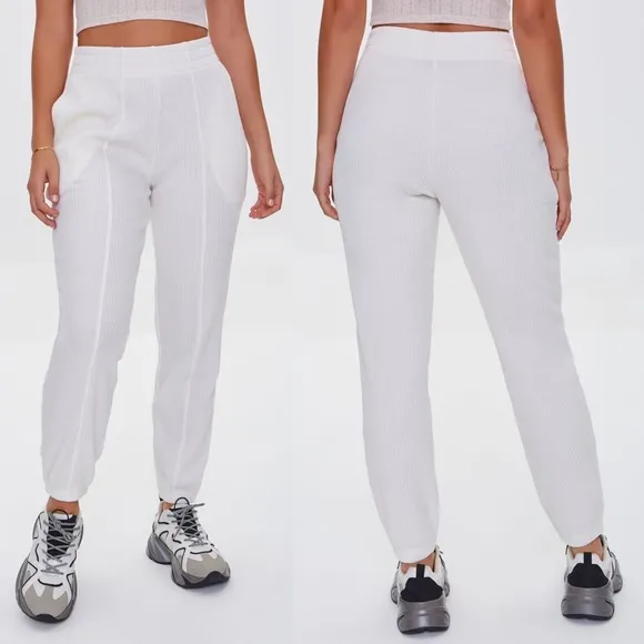 Forever 21 Thermal Ribbed Knit High Waist Sunny Joggers Athletic Pants White NEW - Image 2