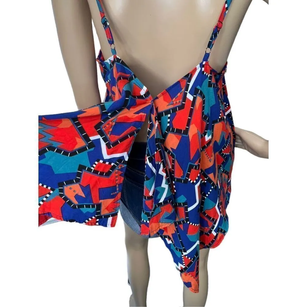 Leith Geometric Patterned Open Back Spaghetti Strap Cropped Blouse - Image 5