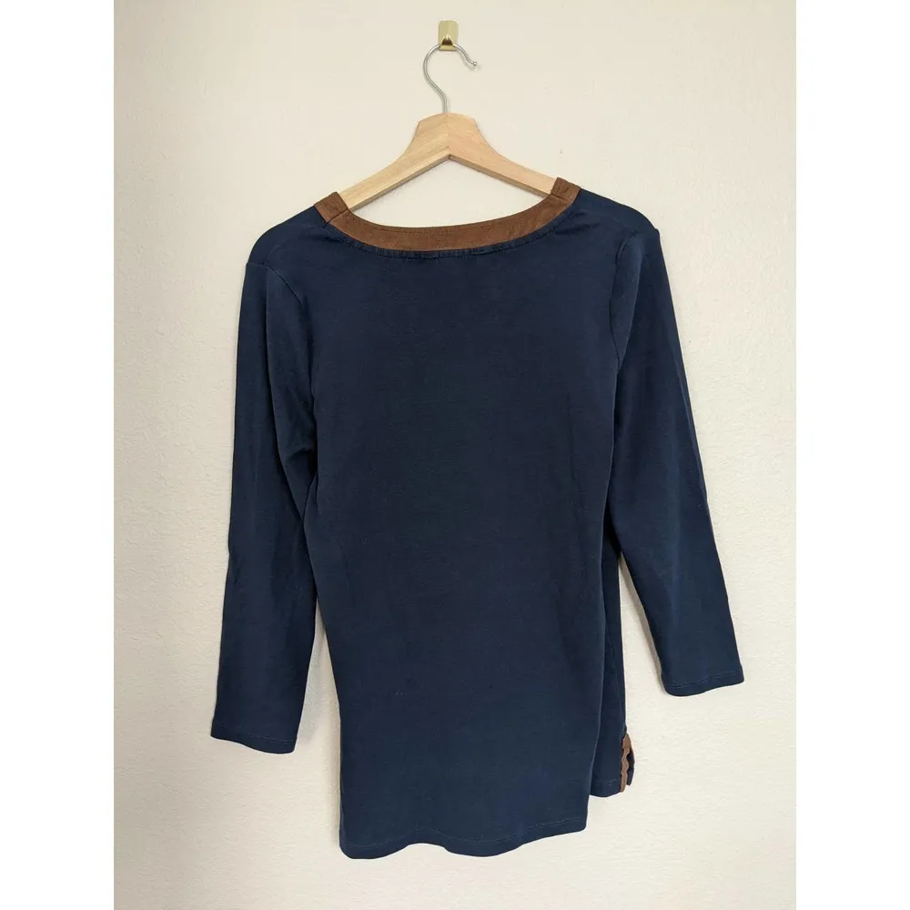 Lauren Ralph Lauren Top Size L Navy Tan Faux Suede Trim V-Neck Knit Cotton - Image 3