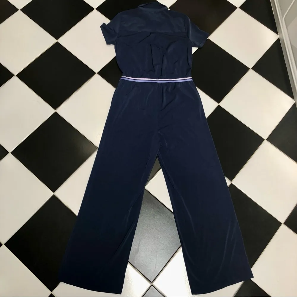 Athletic Retro Jumpsuit Navy Blue Short Sleeve Athleisure sz Large - Image 8