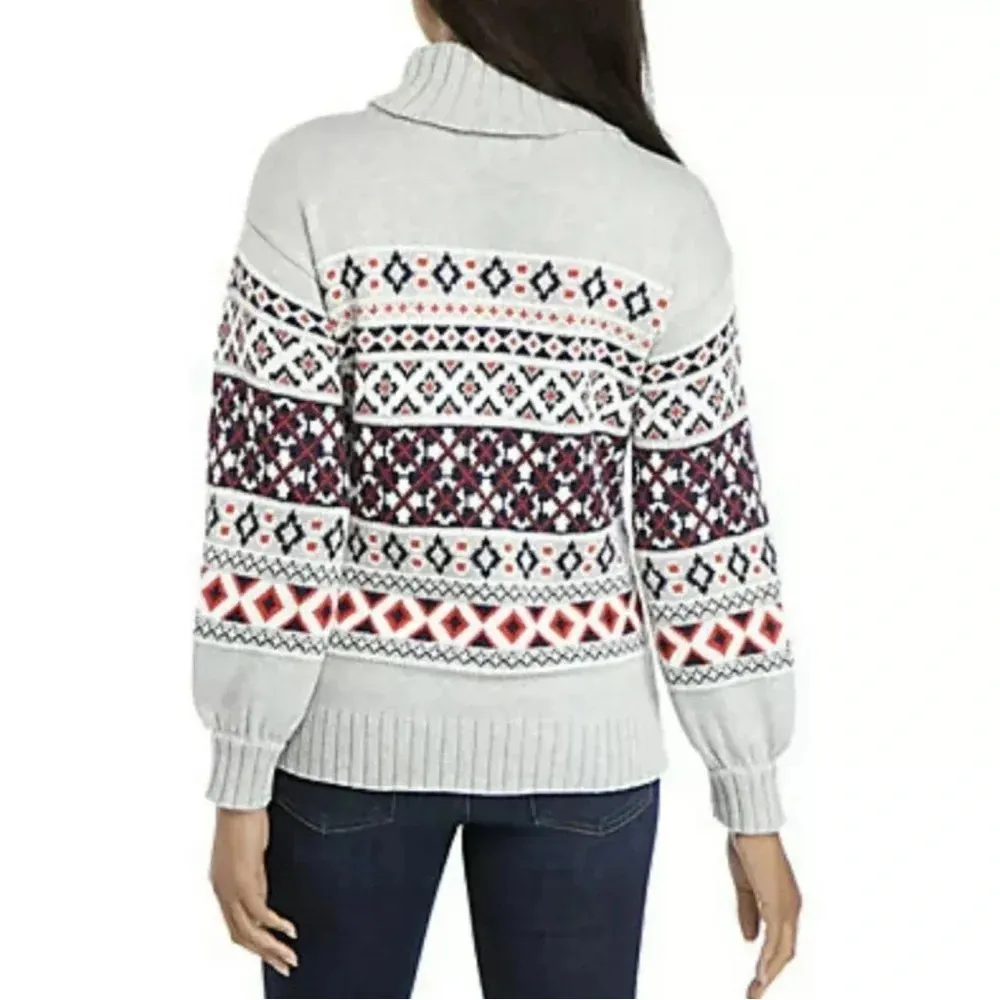 Crown & Ivy Women's‎ Large Grey Turtleneck Geometric Print Knitted Sweater - Image 2