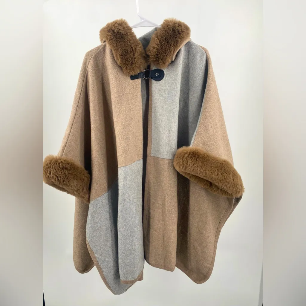 Anthropologie Northern Angel faux fur colorblock hooded poncho, size L/XL‎ - Image 2