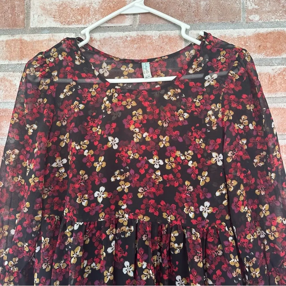 Free People Floral Babydoll Mini Dress Long Sleeve Women’s XS Black Red Boho - Image 4