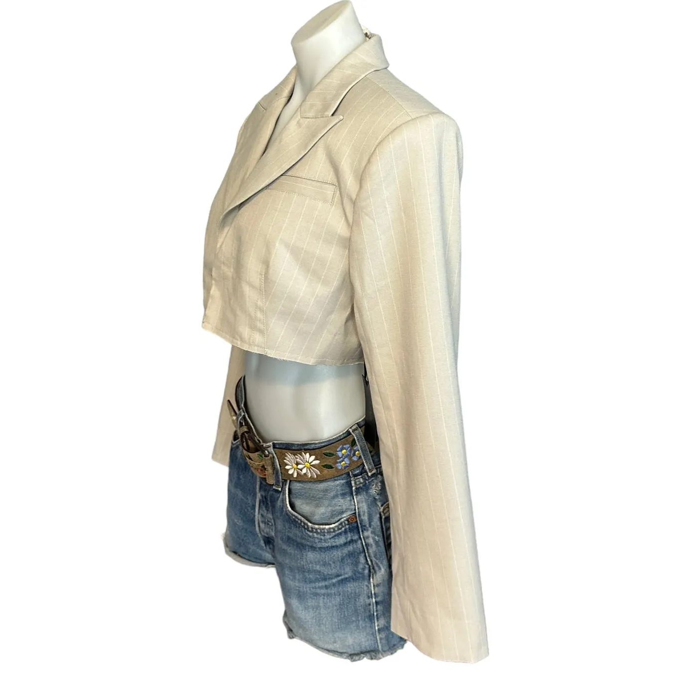 h:ours Gray Crop Tweed Blazer MEDIUM Bolero Padded Shoulder Revolve Designer NEW - Image 6