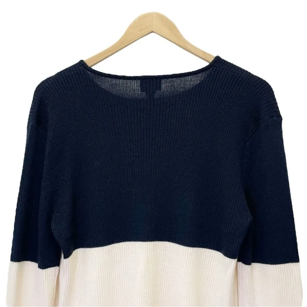 Worth Sweater Women's Size Large 100% Wool Pullover Navy & Ivory Rugby Stripe Blue - Image 3