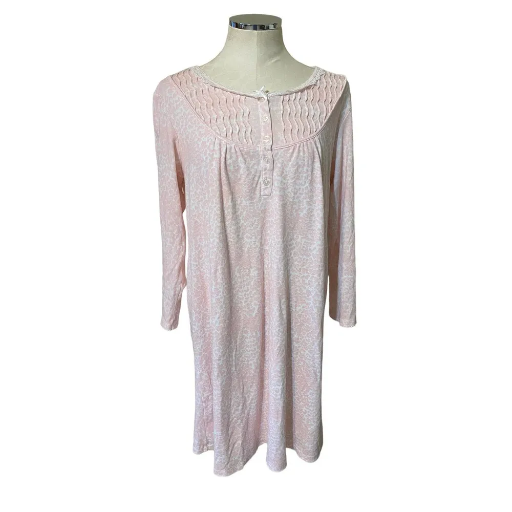 Miss Elaine Floral Print Loungewear Sleep Dress 3/4 sleeve Pink White medium - Image 45
