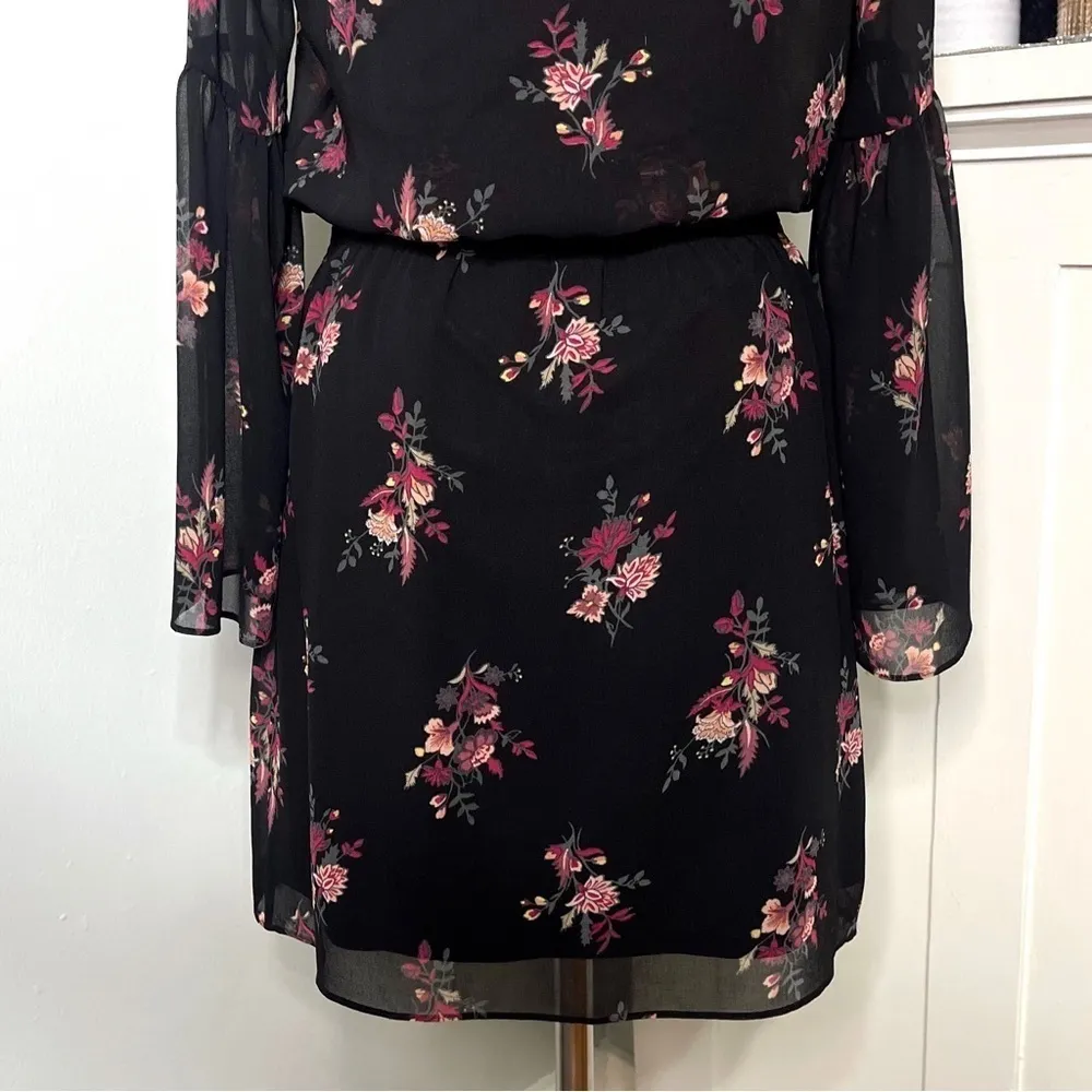 White House Black Market Bell Sleeve Floral Print Dress Black & Pink Size Small - Image 9