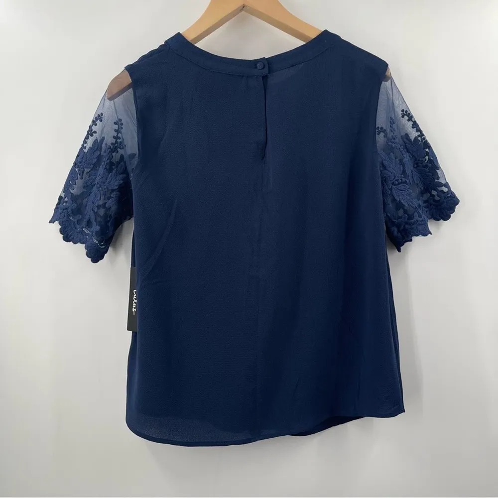 LULU’S Blouse Medium Lisa Marie Navy Embroidered Lace Top Navy Sheer Office NWT - Image 4