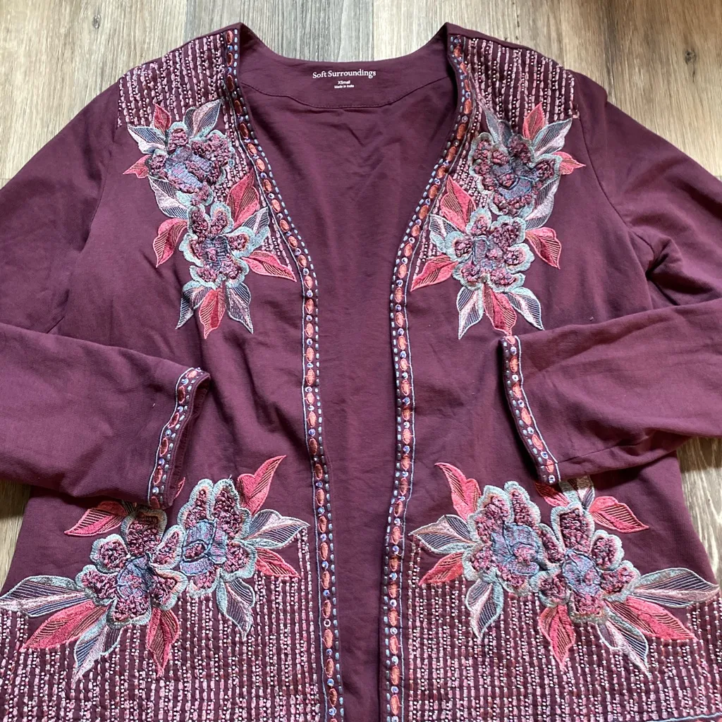 Soft Surroundings Floral Embroidered Mauve‎ Jacket Cardigan Size XS Boho Western - Image 5