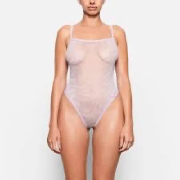 Lavender Swirl Mesh Logo Strappy Thong Bodysuit, NWT - Image 2