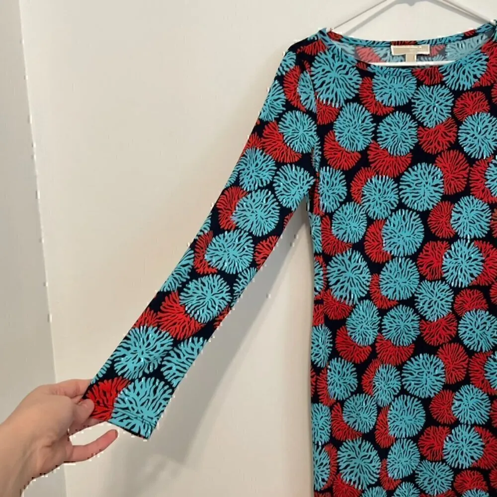 MICHAEL MICHAEL KORS MK McKenna Dress Blue Red Sea Coral Geo Preppy Long Sleeve - Image 7