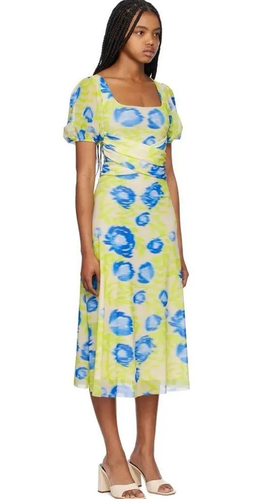 GANNI Crisscross Abstract-Printed Mesh Puff-Sleeve Midi Dress New w/Tag $445 - Image 2