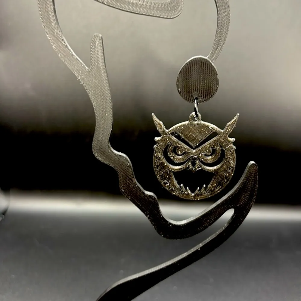 Black Glitter Owl Statement Earrings - Image 2