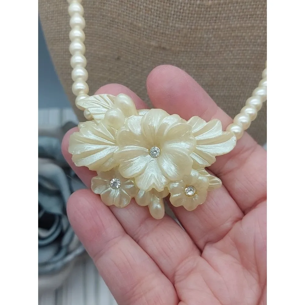 Vintage Faux Pearl Molded Floral Celluloid & Rhinestone Pendant Necklace Hook - Image 8