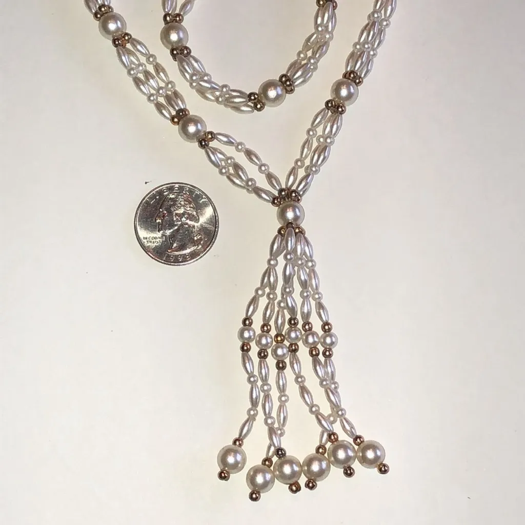 Elegant Vintage White Faux Pearl Gold Tone Beaded Boho Tassel Fringe Necklace - Image 5