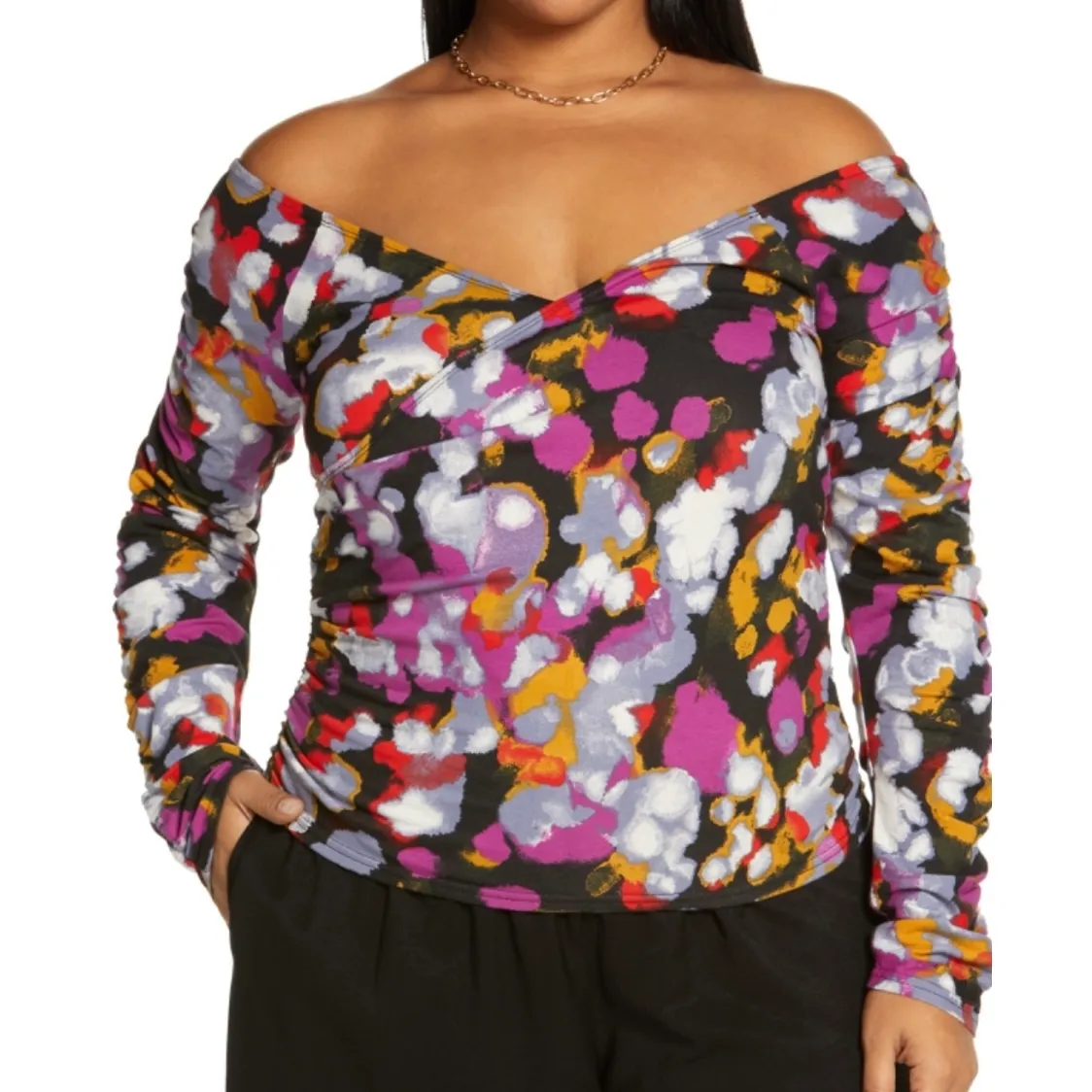 New  Off The Shoulder Top Ruched Long Sleeve Faux Wrap Multicolor Print - Image 4
