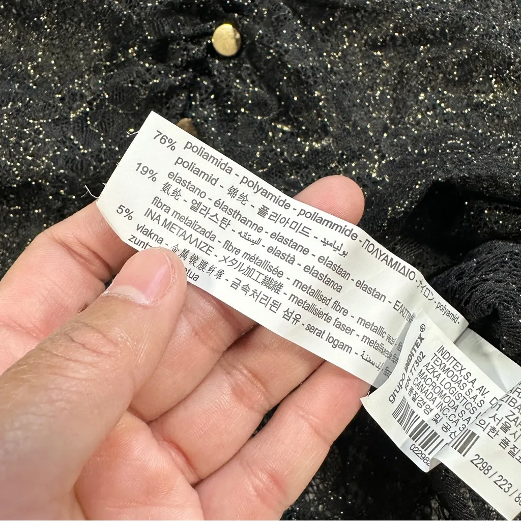 NWT Zara Women’s Ruched Front Lace Blouse Top V-Neck Sheer Shimmer Black Gold M - Image 13