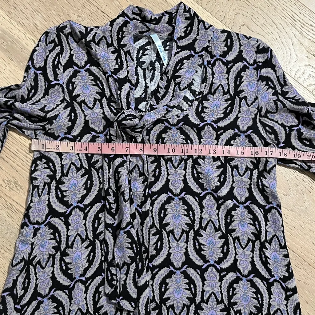 Lani California Boho Floral Tie Neck Mini Dress Tunic Black Purple Paisley S - Image 7
