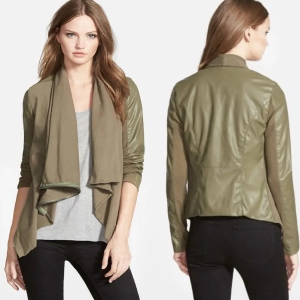 Blank NYC Medium Faux Leather Moto Jacket Olive Long Sleeve Hanky Zip - Image 5