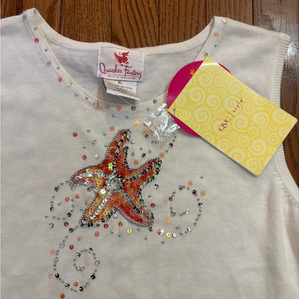 Quacker Factory White Tank Top with Orange Sequin Starfish - Image 2
