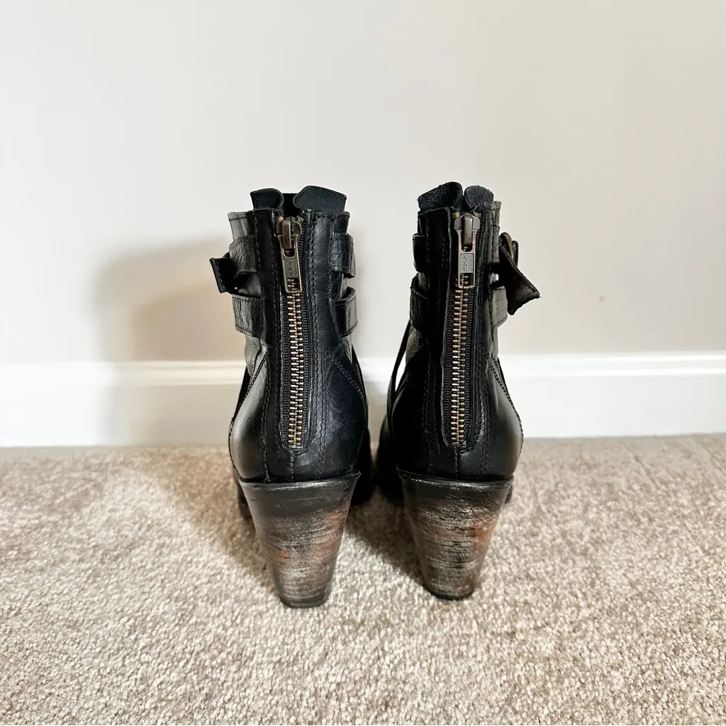 Freebird by Steven Joker Black Leather Heeled Booties Peeptoe Strappy - Image 6