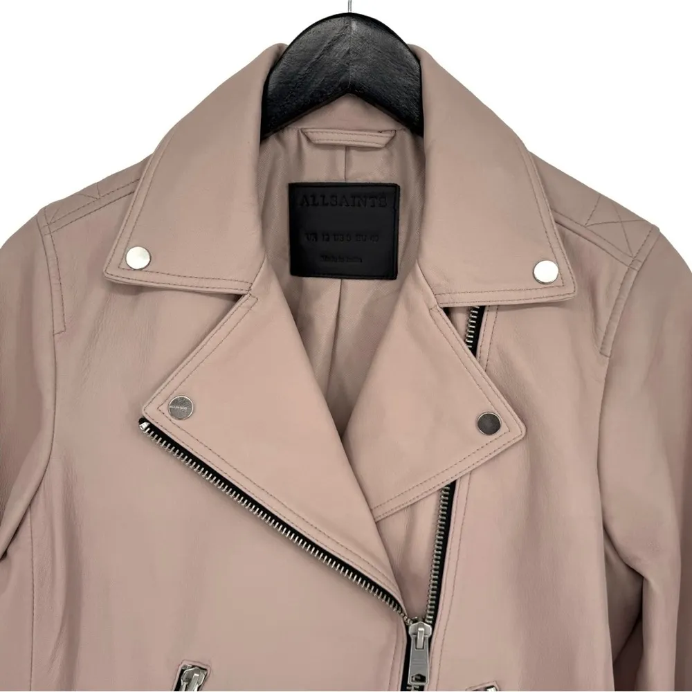 All Saints 8 Dalby Slim-Fit Leather Biker Jacket Misty Pink‎ Zipper Moto Boho - Image 5