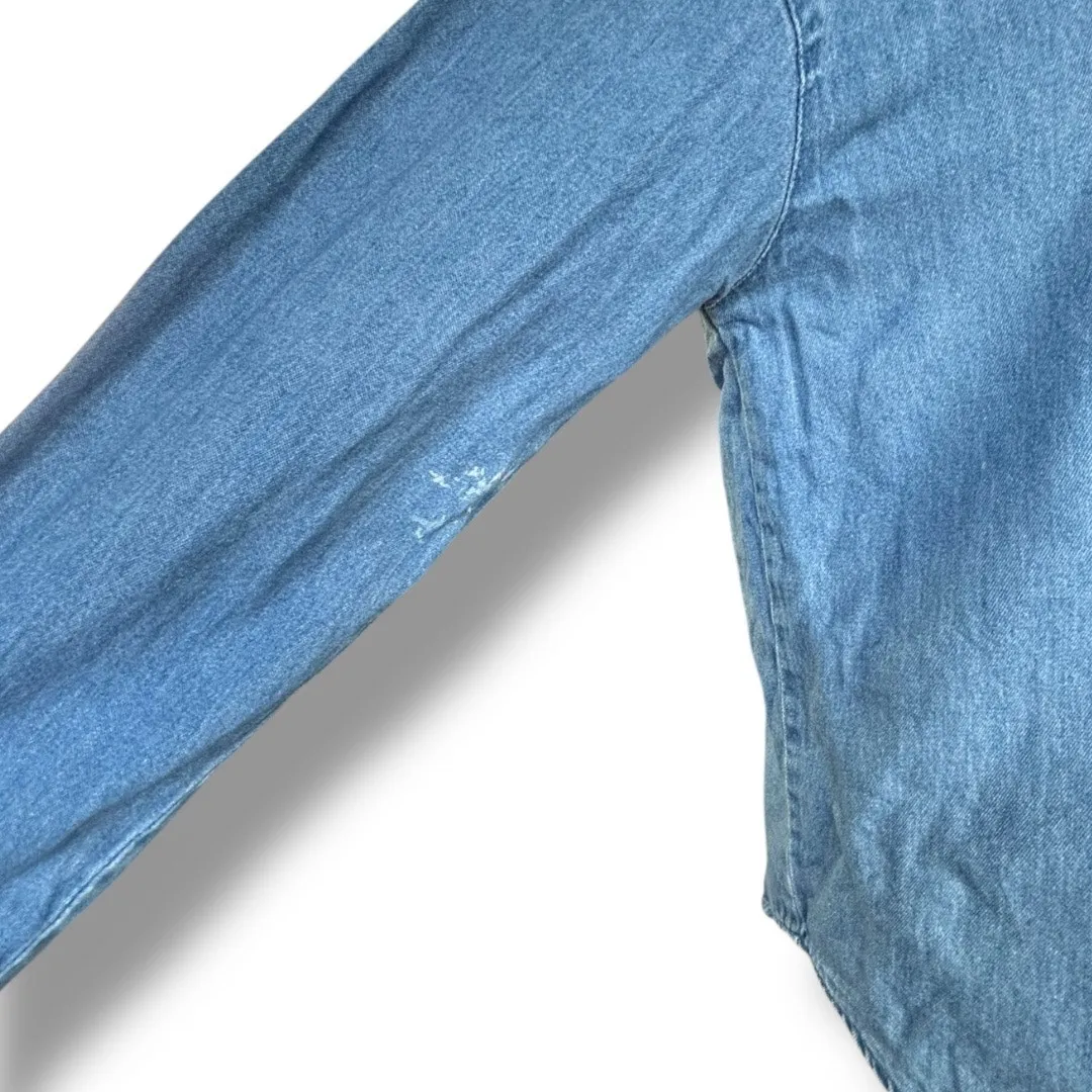 90s Chambray Denim Shirt Folk Art Embroidered Festive Angels Christmas Top Med Blue - Image 5