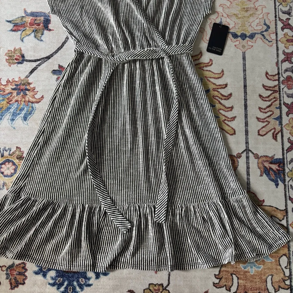 Caution To The Wind Black and White Striped Knee Length Dress Belted NWT - Image 3